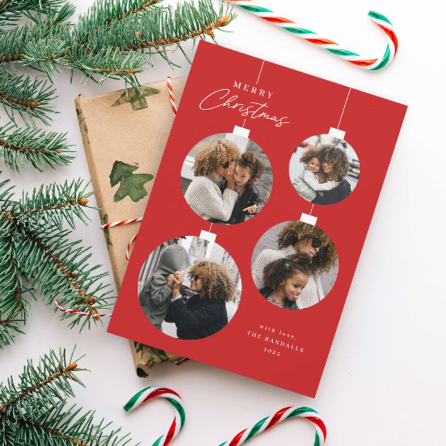 Cartão De Festividades Foto do Enfeites de natal 4 moderno (Modern Red and White Christmas Ornament 4 Photo Collage Holiday Cards.)