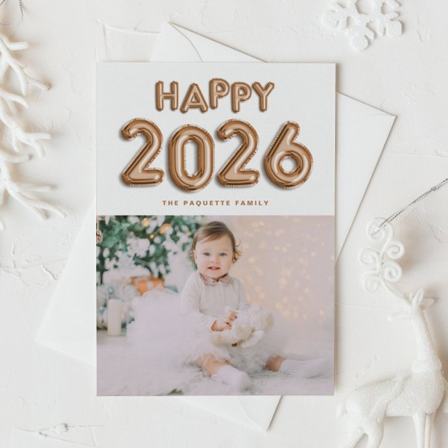 Cartão De Festividades Foto do Feliz ano novo Copper Foil Balloons 2025 (Customizable photo Happy New Year card featuring festive rose gold foil mylar balloons.)