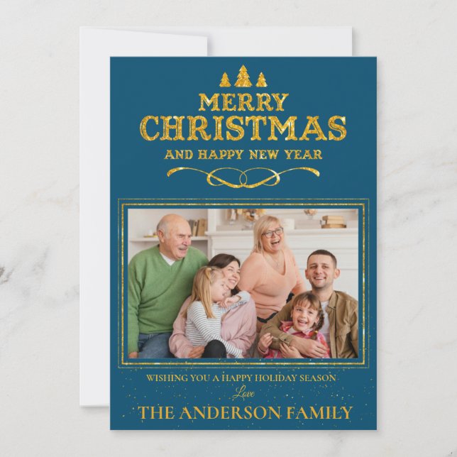 Cartão De Festividades Foto do Feliz ano novo de Natal Dourado Azul (Frente)