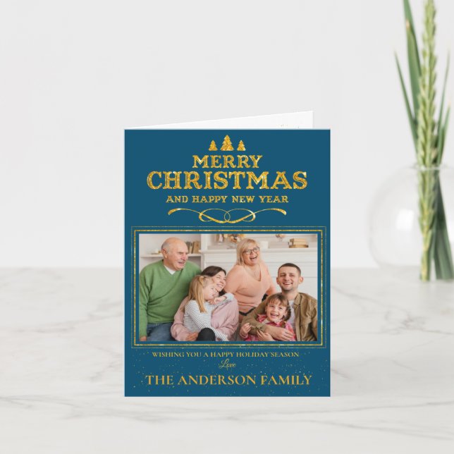 Cartão De Festividades Foto do Feliz ano novo de Natal Dourado Azul (Frente)