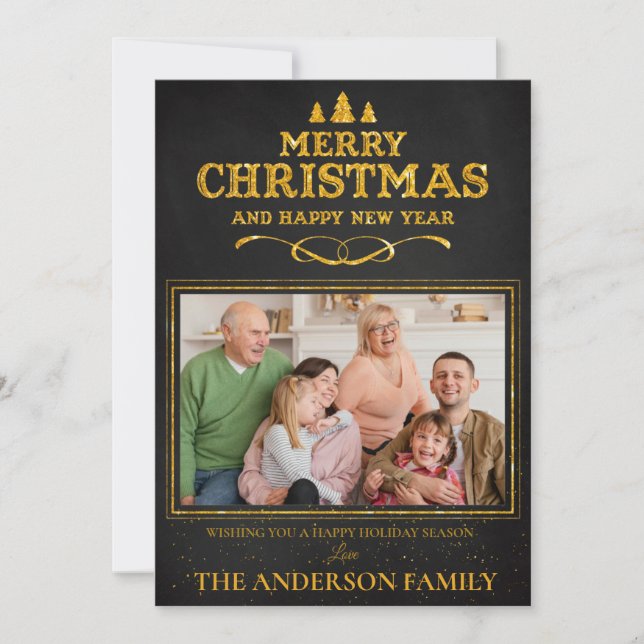 Cartão De Festividades Foto do Feliz ano novo de Natal Dourado Preto (Frente)