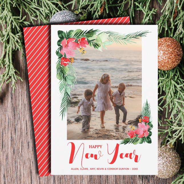 Cartão De Festividades Foto do Feliz ano novo Floral Tropical (Tropical Floral Happy New Year Photo Holiday Cards - Order INSTANT DOWNLOAD and/or PRINTED or both!)