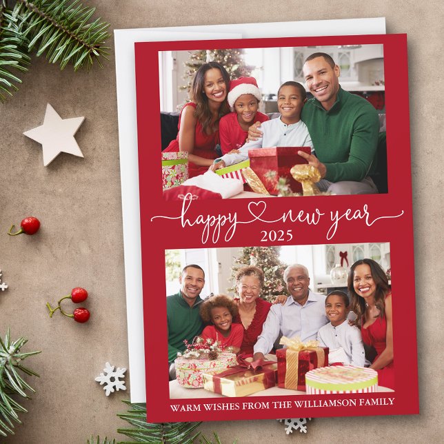 Cartão De Festividades Foto do Feliz ano novo vermelho 2 da caligrafia (Customize to add text to back of card.)