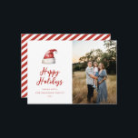 Cartão De Festividades Foto do FesSanta Hat<br><div class="desc">Chapéu de cor de água festiva Santa,  cartão com fotos de férias. Características,  tipografia vermelha com suporte de padrão de faixa de coordenação.</div>