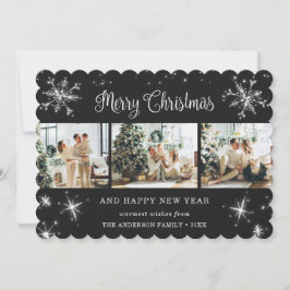 Cartão De Festividades Foto do Floco de Neve da Xadrez Negra Elegante