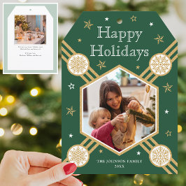 Cartão De Festividades Foto do Floco de Neve de Natal Nome Verde Tag Plan