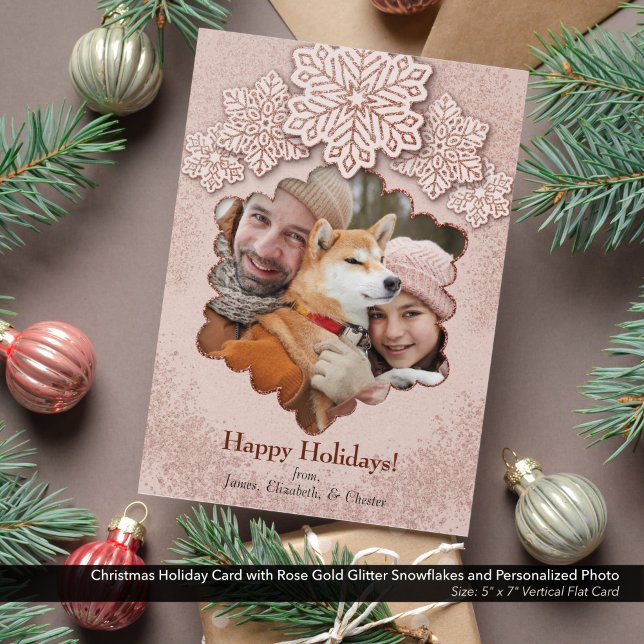 Cartão De Festividades Foto do Floco de Neve Dourado da Rosa de Natal (Christmas Holiday Card with Rose Gold Glitter Snowflakes and Personalized Photo-5"x7" Flat Card)