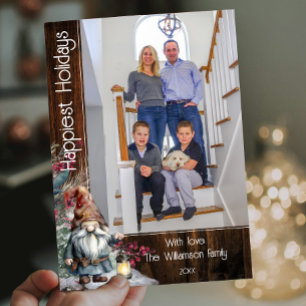 Cartão De Festividades Foto do Gnomo de Natal Rustic Watercolor