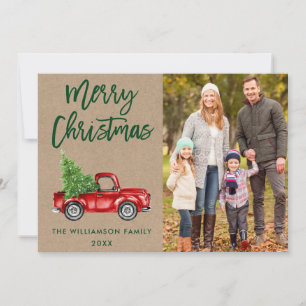 Cartão De Festividades Foto do Kraft Brush Script Vintage Truck Natal