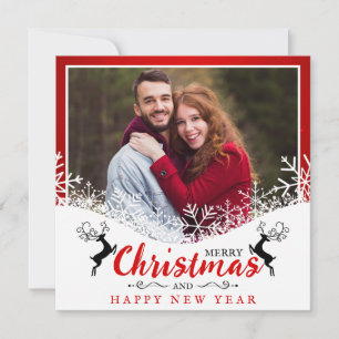 Cartão De Festividades Foto do Marido e da Mulher com Flocos de Neve Verm
