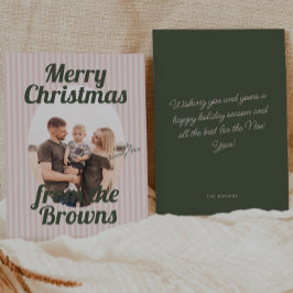 Cartão De Festividades Foto do Natal do Boho Oval com Stripes Rosa Retroa