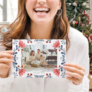 Cartão De Festividades Foto do Natal do Quadro Floral Elegante