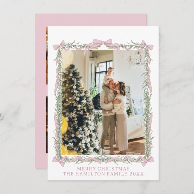 Cartão De Festividades Foto do Natal Gingham Gingham, verde, Arco rosa, 5 (Frente/Verso)