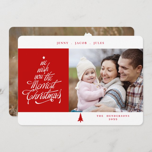 Cartão De Festividades Foto do Natal mais feliz, vermelho e branco (Frente/Verso)