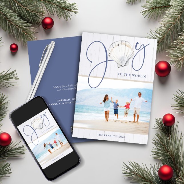 Cartão De Festividades Foto do Natal Náutico Joy Seashell Holiday (Nautical Christmas Joy Seashell Holiday Photo Card)