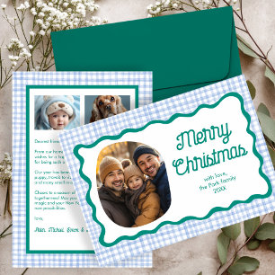 Cartão De Festividades Foto do Natal Verde Azul Gingham Wavy 3