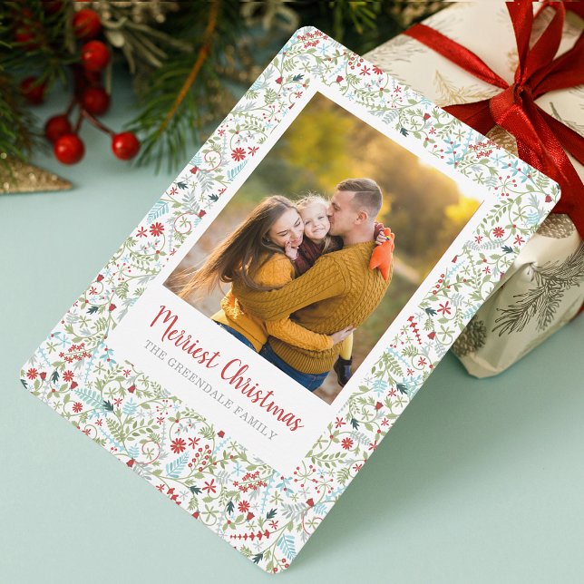 Cartão De Festividades Foto do padrão de Natal Floral (Floral Christmas Holiday Pattern Photo)