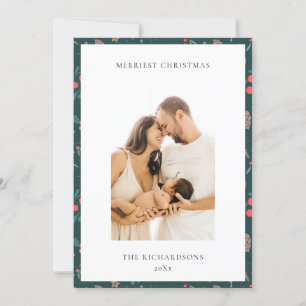 Cartão De Festividades Foto do Padrão Floral de Natal Verde Vermelho