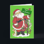 Cartão De Festividades Foto do papai noel do Natal do bebê primeira<br><div class="desc">Papai Noel tradicional bonito em um terno vermelho que guardara um sinal que diz Natal do bebê o ø. Tem seus amigos animais adoráveis e uma árvore decorada com a miçanga vermelha ao lado dele. Adicione sua própria fotografia. Veja minha arte da loja daqui até março para mais produtos com...</div>