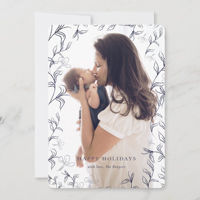 Cartão De Festividades Foto do Quadro de Folhagem Artsy Blue Sketch (Frente)