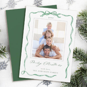 Cartão De Festividades Foto do Quadro do Arco de Fita Verde Wavy Natal
