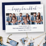 Cartão De Festividades Foto do Script de Caligrafia Azul Moderno Hanukkah<br><div class="desc">Modern Trendy Calliographic 3 Photo Family Collage Happy Hanukkah Card - Marinho Azul</div>