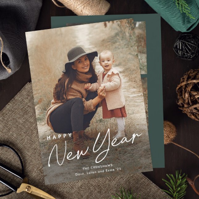 Cartão De Festividades Foto do Simple Script Feliz ano novo 3 (Simple Script 3 Photo New Years Holiday Card.)