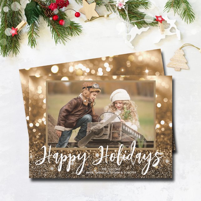 Cartão De Festividades Foto do Sparkle de Feriados Felizes (Happy Holidays bronze sparkle holiday photo cards)