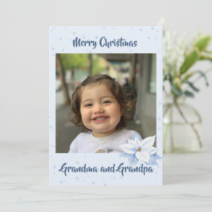 Cartão De Festividades Foto dos Avós Natal Azul Floral