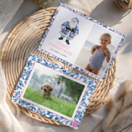 Cartão De Festividades Foto dos Papais noeis de Natal da Chinoiserie Azul