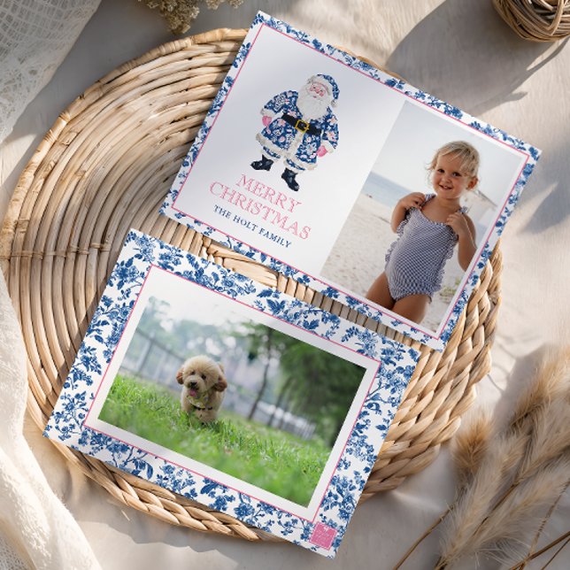 Cartão De Festividades Foto dos Papais noeis de Natal da Chinoiserie Azul (Criador carregado)