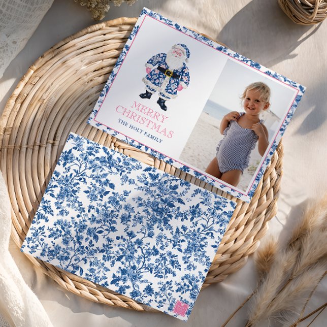 Cartão De Festividades Foto dos Papais noeis de Natal da Chinoiserie Azul (Criador carregado)