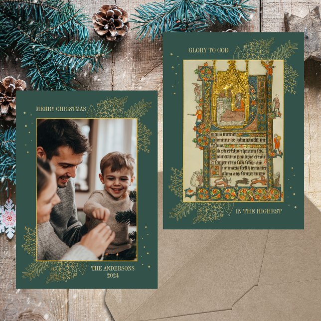 Cartão De Festividades Foto Dourada católica cristã medieval do Natal (Christmas Medieval Manuscript Christian Catholic Nativity Scene Gold Family Photo Holiday Card)