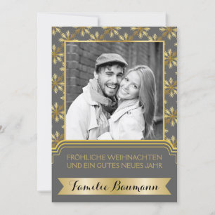 Cartão De Festividades Foto Dourada, cinza floco de neve Frohe Weihnachte
