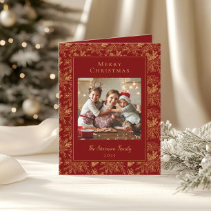 Cartão De Festividades Foto Dourada de Feliz Natal Red Faux