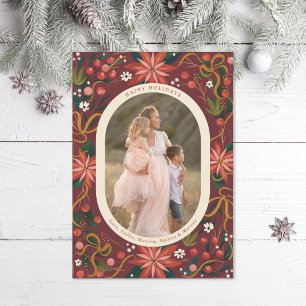 Cartão De Festividades Foto Dourada de Fita de Poinsettias Ilustrada