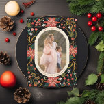 Cartão De Festividades Foto Dourada de Fita de Poinsettias Ilustrada<br><div class="desc">Moldura original de poinsettia e fita. Personalize ainda mais para adicionar mais texto ou mais fotos no verso. Abrir editor de cheio para alterar a cor do quadro</div>