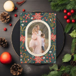 Cartão De Festividades Foto Dourada de Fita de Poinsettias Ilustrada<br><div class="desc">Moldura original de poinsettia e fita. Personalize ainda mais para adicionar mais texto ou mais fotos no verso. Abrir editor de cheio para alterar a cor do quadro</div>