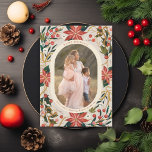 Cartão De Festividades Foto Dourada de Fita de Poinsettias Ilustrada<br><div class="desc">Moldura original de poinsettia e fita. Personalize ainda mais para adicionar mais texto ou mais fotos no verso. Abrir editor de cheio para alterar a cor do quadro</div>