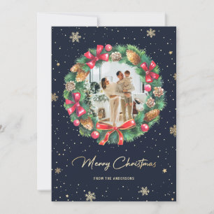 Cartão De Festividades Foto Dourada de Flocos de Neve Azul