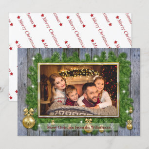 Cartão De Festividades Foto Dourada de Natal de Madeira Pine Weathered