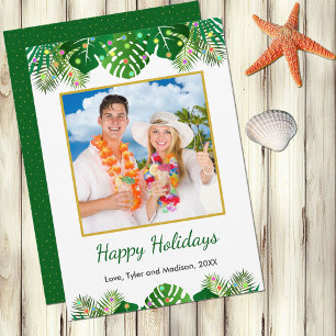 Cartão De Festividades Foto Dourada do Natal com Folhagem de Praia Tropic