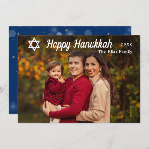 Cartão De Festividades Foto Dourada e azul de Hanukkah feliz moderno