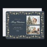 Cartão De Festividades Foto Dourada Holly Elegante<br><div class="desc">Cartão de feriado Elegante azul e dourado com duas fotos e ouro holly em fundo azul. Personalize facilmente este cartão de feriado fotográfico com as suas fotografias favoritas,  o nome da família e o ano.</div>
