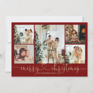 Cartão De Festividades Foto Dourada Red Merry Christmas 5, Script Heart