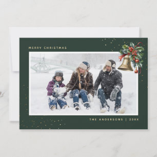 Cartão De Festividades Foto Dourada Verde de Holly Bell