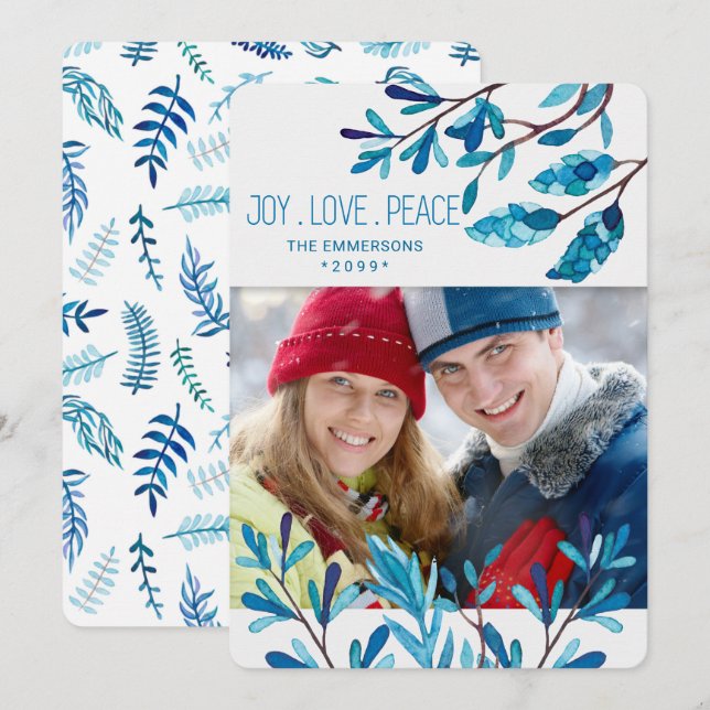 Cartão De Festividades Foto e nome de Natal Botânico Azul (Frente/Verso)