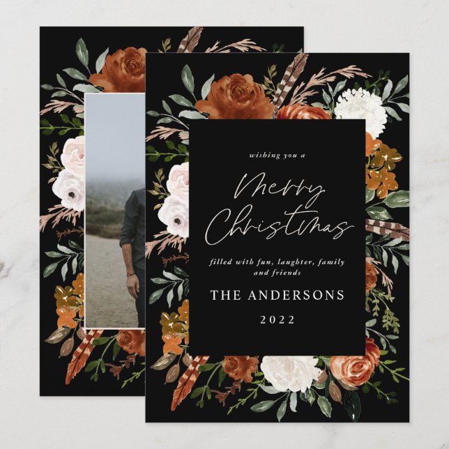Cartão De Festividades Foto elegante botânica floral de terracota negra (Frente/Verso)