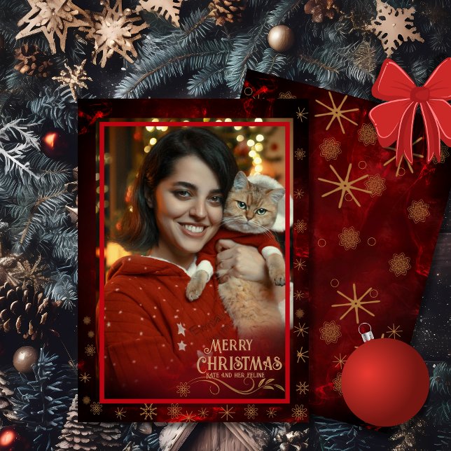 Cartão De Festividades Foto elegante DOURADA Feliz Natal (Elegant Photo RED GOLD Merry Christmas Holiday Card)