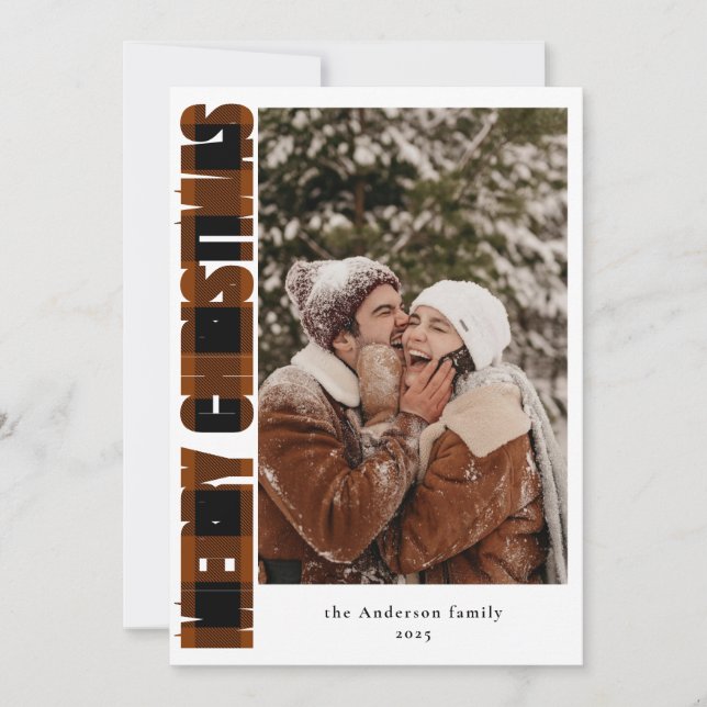 Cartão De Festividades Foto elegante Xadrez rustica Feliz Natal (Frente)